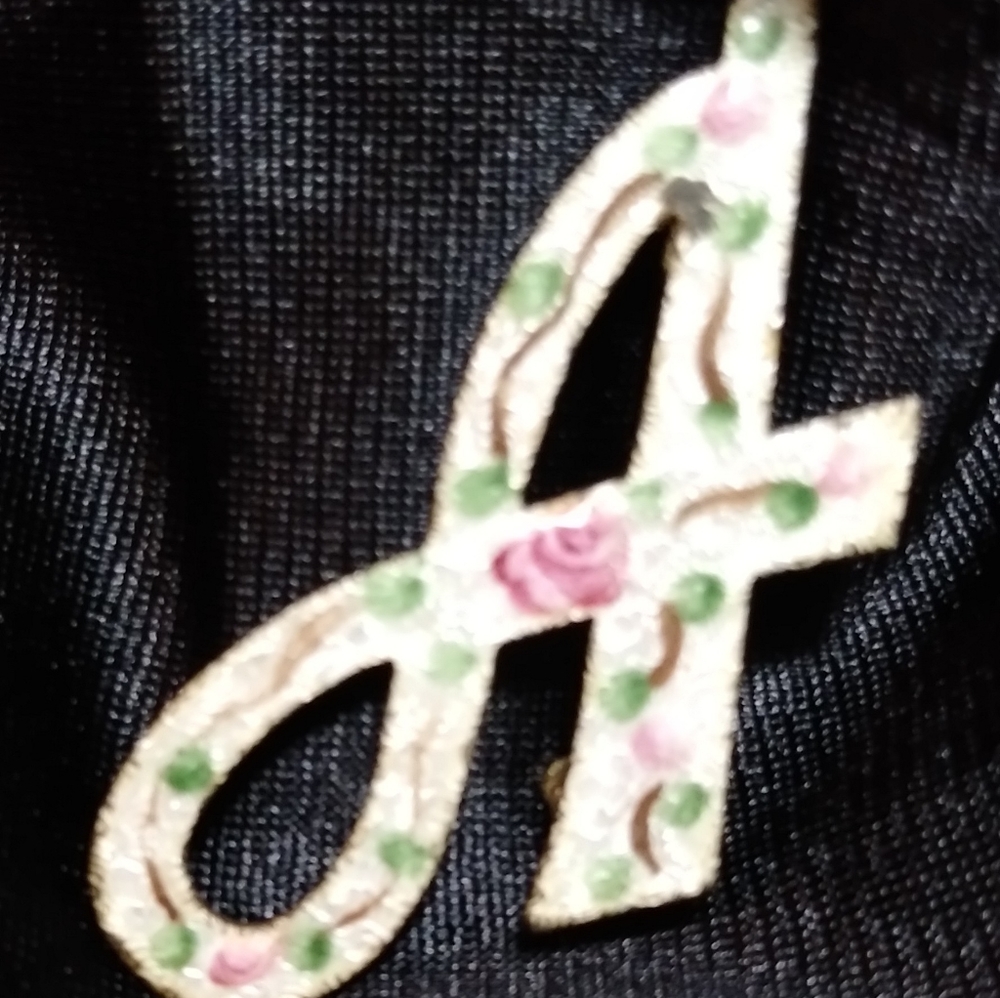 Antique Hand Painted Rose Guilloche/Monogram Pin